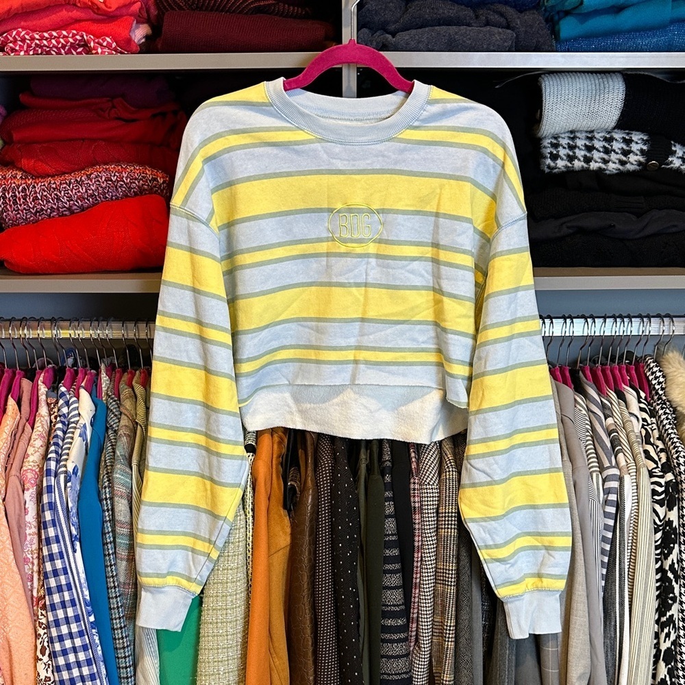 BDG blue/yellow/gray striped long sleeve hi low cropped sweatshirt size S